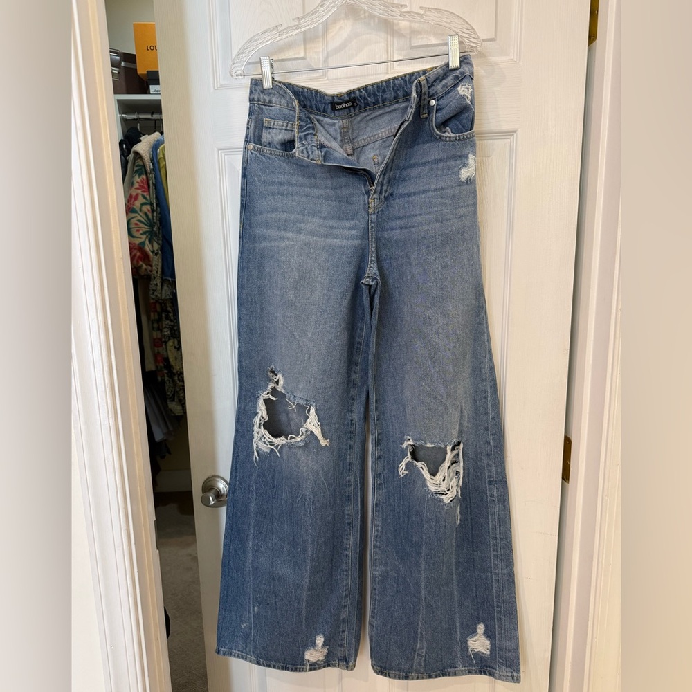 Boohoo Light Blue Distressed Flare Jeans